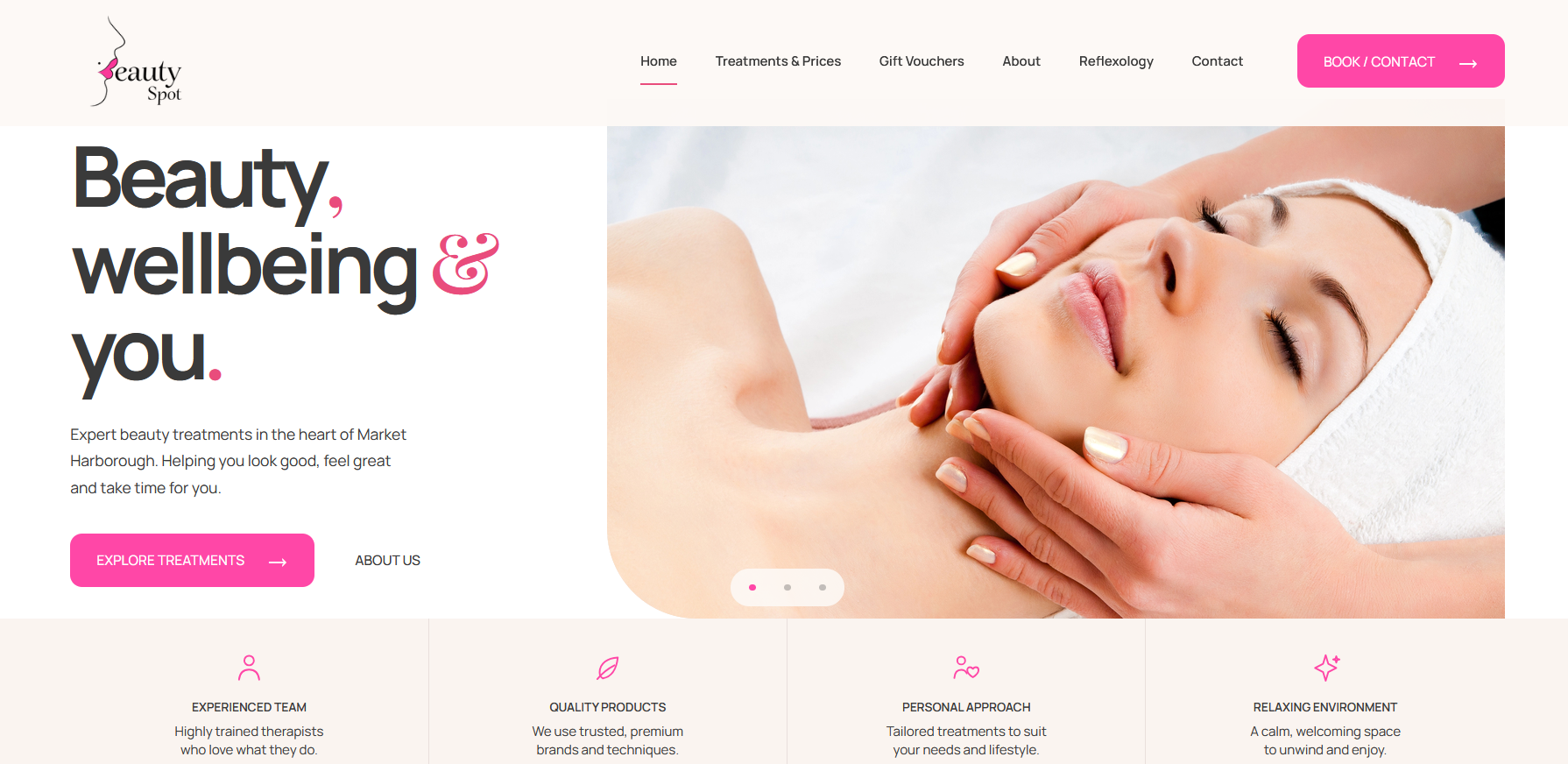 Beauty Spot desktop website homepage showing the treatments and contact navigation