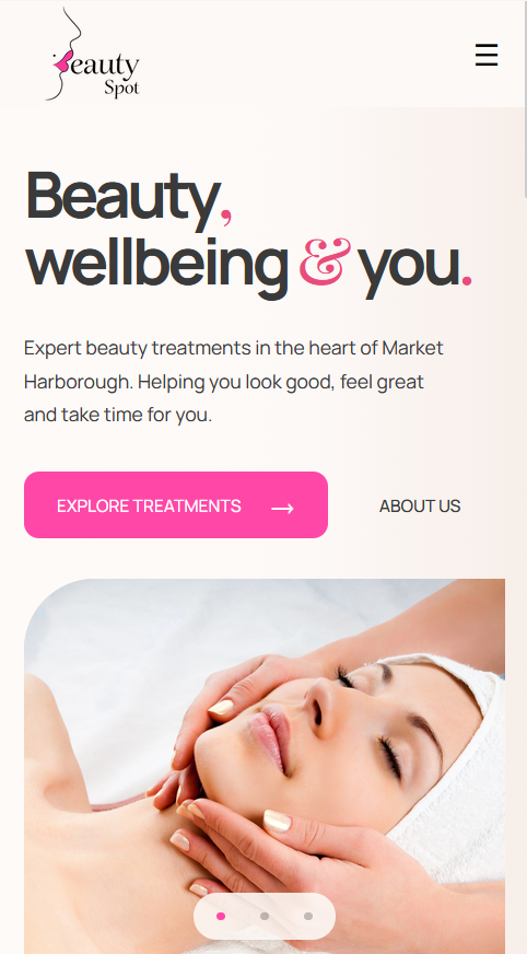 Beauty Spot mobile website homepage showing the treatments and contact navigation